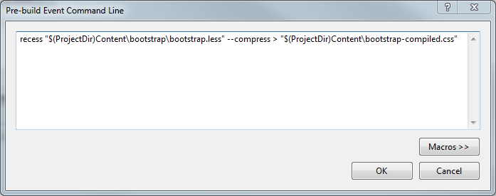 Screenshot of the Pre-Build Event Command Line